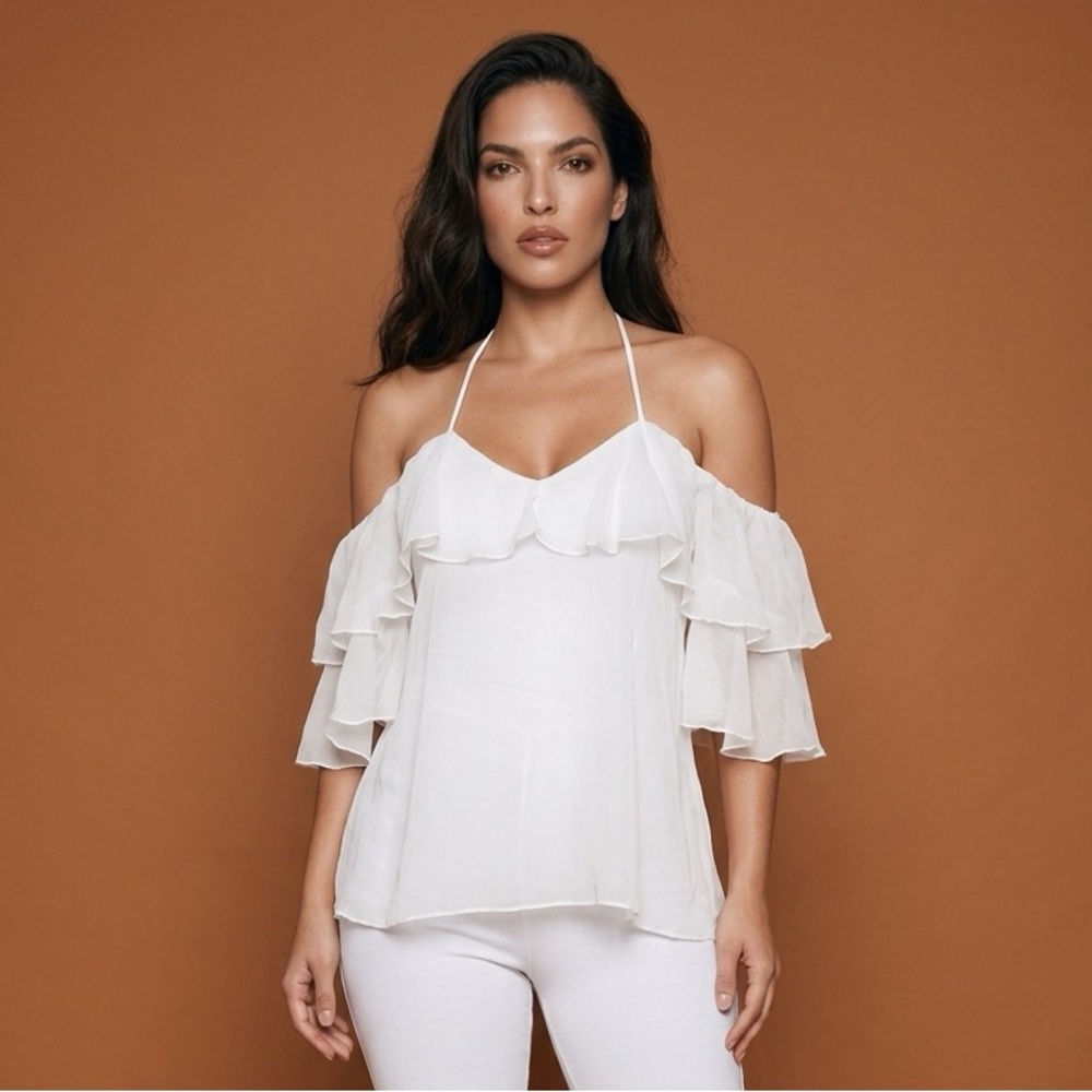 Alice + Olivia Silk Top White Ruffle Tiered Women’s XS 0 2 Anthropologie Blouse